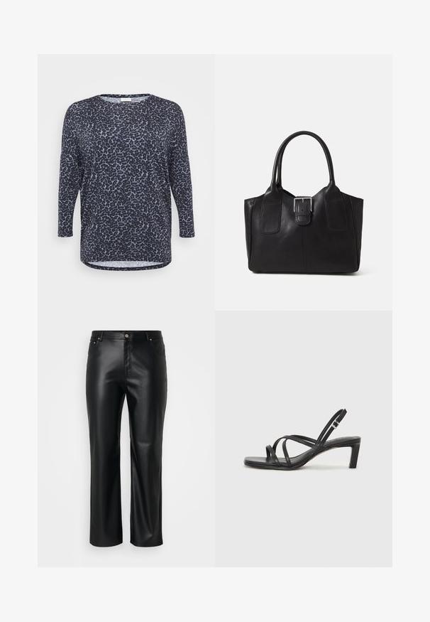 Tigrismintás, hosszú ujjú felső sötétkék és világoskék színben, laza szabással, kerek nyakkivágással és ívelt aljjal, oldalsó hasítékokkal.; Fekete műbőr nadrág egyenes szabással, övbújtatókkal, elülső zsebekkel és cipzáras átkapcsolóval, gombos záródással. Simább textúra.; Fekete pántos szandál négyzetes orral és alacsony blokk sarkal. Több vékony pánttal és állítható boka pánttal rendelkezik. Sima bőrből készült.; Fekete bőr bevásárlótáska sima textúrával, strukturált formával, két fogantyúval és egy figyelemfelkeltő ezüst csattal az elején.