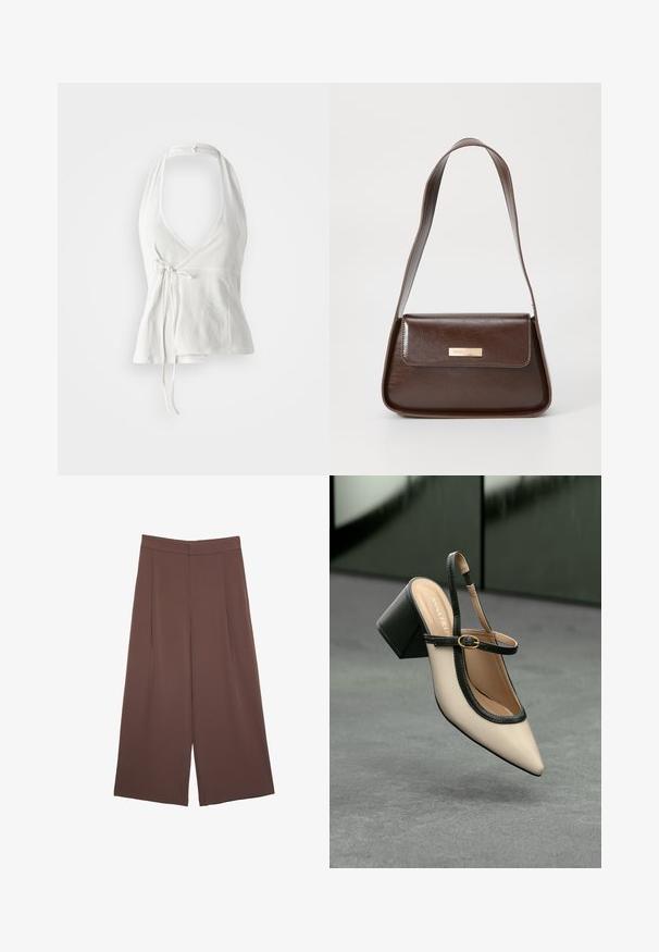Top bianco a halter realizzato in tessuto morbido. Presenta un profondo scollo a V, design avvolgente e un laccio regolabile in vita. Texture liscia, stile casual.; Pantaloni ampi marroni con una texture liscia, caratterizzati da una vita alta e pieghe frontali. Il tessuto è leggero e scorre liberamente.; Scarpa beige con punta a stivale, con rifiniture nere, fibbia dorata e tacco a blocco spesso su un pavimento grigio con sfondo verde scuro.; Borsa a spalla in pelle marrone con una forma strutturata, dotata di chiusura a patta magnetica e un accento di logo metallico sul davanti.