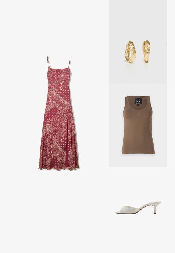 Top din bumbac maro, cu decolteu rotund, cusături pe laterale și un mic logo brodat pe piept. Textură netedă.; Rochie lungă burgundă cu bretele subțiri, cu un model paisley crem, tăietură dreaptă și o fanta în față pentru ușurința mișcării.; Mule-uri albe cu vârf deschis, cu toc înalt, cu un finisaj neted, design minimalist și un toc subțire, având un accent subtil de culoare maroniu pe talpă.; Geantă din paie țesută, de culoare bej deschis, cu un corp rotund, deschis în partea de sus și o curea detașabilă. Textură notabilă și model de țesătură complex.; Cercei din metal auriu, cu un design răsucit, având o textură îmbătrânită și o finisare netedă. Construcție ușoară și goală.
