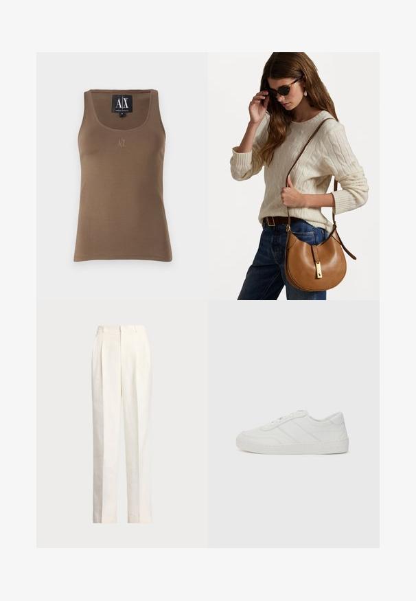 Καφέ βαμβακερό αμάνικο μπλουζάκι με στρογγυλή λαιμόκοψη, ραφές στα πλάγια και ένα μικρό κεντημένο λογότυπο στο στήθος. Λείο υλικό.; Polo Ralph Lauren HEMP WIDE LEG PANT - Παντελόνι - nevis; Λευκά δερμάτινα sneakers με ίσια κορδόνια, στρογγυλή μύτη και διακριτές ραφές. Διαθέτει υφασμένη σόλα και ανάγλυφο λογότυπο στη φτέρνα.; Καφέ δερμάτινη τσάντα ώμου με καμπυλωτό σχήμα και χρυσές λεπτομέρειες. Το μοντέλο φοράει ένα κρεμ πουλόβερ με πλέξη και μπλε τζιν.