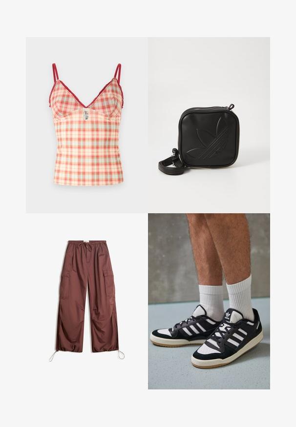 BDG Urban Outfitters JE TAIME CAMI - Top - pink; Béžové široké nohavice s elastickým pásom, šnúrkou na stiahnutie, veľkými bočnými vreckami a nastaviteľnými šnúrkami na členkoch.; Čierno-biele tenisky s vrchom z semišu a kože, s troma bielymi pruhmi, perforovanou špičkou a gumovou podrážkou.; Čierna štvorec krossbody taška vyrobená z textúrovaného syntetického materiálu. Obsahuje embosovanú logo úpravu a nastaviteľný popruh. Zapínanie na zips.