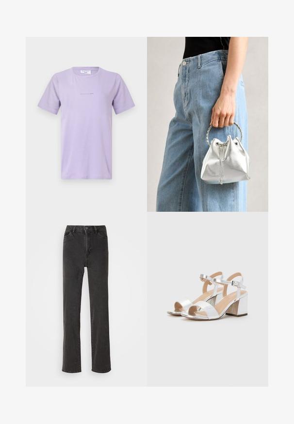 Světle levandulové bavlněné tričko s kruhovým výstřihem a krátkými rukávy. Na přední straně má jemné logo v světlejším písmu.; Černé džíny z denimové látky se rovný střih, vysokým pasem, pěti kapsami a neviditelným zapínáním na knoflík. Materiál má mírnou strukturu a žádné viditelné vzory.; Stříbrné sandály na vysokém podpatku s otevřenou špičkou, disponující dvěma širokými pásky a zaobleným blokovým podpatkem. Hladká textura s metalickým povrchem.; Metalická stříbrná kabelka typu bucket s texturovaným povrchem, zdobená stříbrným kulatým úchytem a stahovací šňůrkou, držena proti světlým modrým džínům.