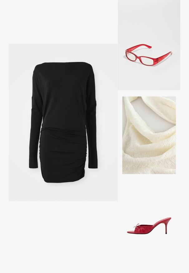 Next REGULAR FIT - TEXTURE - Débardeur - ecru; Robe noire à manches longues réalisée en tissu doux, avec un décolleté bateau et des détails froncés sur le côté, créant une silhouette ajustée.; Glissez ouvert en cuir rouge avec un design plissé et froncé et un nœud décoratif. Dispose d'un talon aiguille et d'une finition lisse.; Des lunettes en plastique rouge avec une monture rectangulaire, des verres transparents et des branches fines. Le logo de la marque "even&odd" est embouti sur la branche.; Sac à main en cuir laqué rouge de forme triangulaire, avec une large ouverture en haut et une seule anse courbée. Texture lisse avec des détails de couture minimaux.