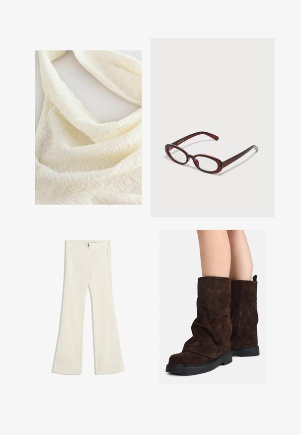 Next REGULAR FIT - TEXTURE - Top - ecru; Flared pants in a light beige fabric with a subtle texture. Features a zipper closure and two pockets on the front.; Brown suede mid-calf boots with black rubber soles worn on bare legs, showing slight wrinkling on the boot shafts.; Oval-shaped red sunglasses with clear lenses and sleek brown frames. The design features subtle curves and minimal hardware.; Beige leather handbag with a smooth texture, dual rounded handles, and adjustable tie accents on either side. Features silver-tone hardware.