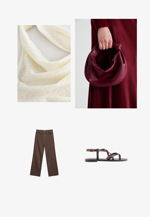 Next REGULAR FIT - TEXTURE - Top - ecru; Wide-leg brown jeans made of denim, featuring a high waist, front pockets, and a classic button closure. Smooth texture with subtle stitching.; Brown leather sandal featuring crisscross straps, an ankle buckle closure, and a flat sole with minimal stitching details.; Burgundy leather handbag with a soft, gathered design and a rounded shape. The handle is secured, showcasing a smooth texture.