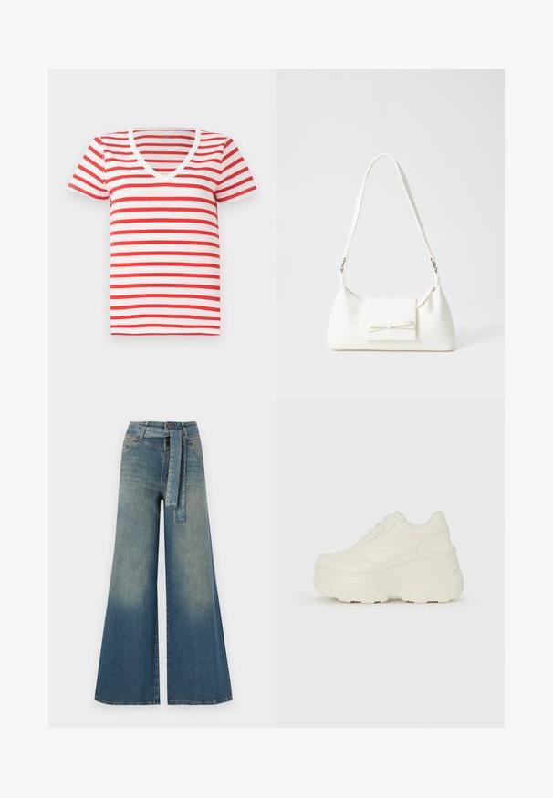 Piros és fehér csíkos V-nyakú póló, puha pamutból készült, rövid ujjú és laza fazonú. Egyszerű dizájn, egyenletes csíkokkal.; Bőszárú farmernadrág, világos és sötétkék árnyalatokkal, magas derekú, övgyűrűkkel és a nadrággal megegyező anyagú övvel. Textúrált farmer kivitel.; Fehér platform sportcipők, sima bőrszerű felsőrésszel, kerek formával, párnázott bokával és texturált gumitalppal, jól definiált mintázattal.; Fehér szintetikus kézitáska, háromszög alakú, lapos előlap, masni részlettel, állítható pánttal, sima textúrával és minimalista dizájnnal.