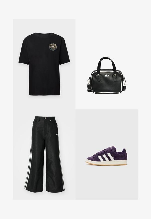 Camiseta de manga corta negra hecha de algodón suave. Presenta un colorido estampado gráfico en el pecho con el texto "BULLDOGS". Cuello redondo clásico.; Pantalones de denim anchos y negros con tres franjas blancas en cada lado y un pequeño logo blanco. Cuenta con bolsillos frontales y un cierre de botón.; Zapatillas de ante moradas con franjas y cordones blancos, que cuentan con una parte superior texturizada y una suela de goma de color claro.; Bolso de mano de cuero negro con dos asas cortas, herrajes plateados, detalles en blanco y un logotipo blanco. Presenta una superficie texturada y un diseño compacto.