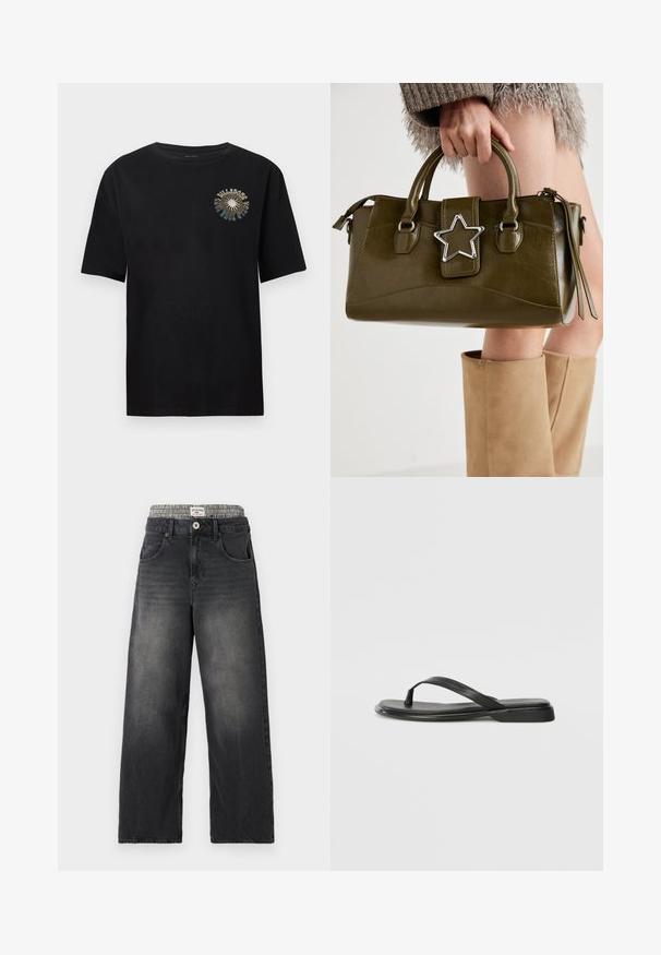 Zwart T-shirt met korte mouwen, gemaakt van zachte katoen. Heeft een kleurrijke grafische print op de borst met de tekst "BULLDOGS". Klassieke ronde hals.; Zwarte denim wijde jeans met een houndstooth patroon op de tailleband. Kenmerken zijn onder andere voorzakken en een knoopsluiting. Beschadigd textuur.; Zwarte teenflip-flop van glad leer, met een dunne band en een platte zool met een minimalistisch profiel. Geen opvallende patronen of accenten.; Olijf groen neplederen handtas met zilveren steraccent, dubbele handvatten en een ritssluiting. Gelaagd oppervlak en gestructureerde vorm.