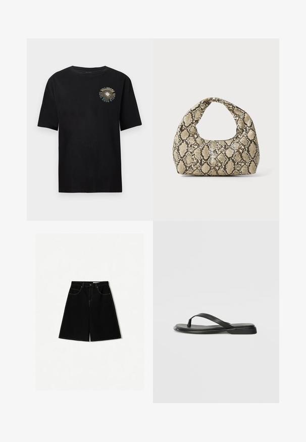 Tricou scurt negru, cu mânecă scurtă, din bumbac moale. Prezintă o imprimeu grafic colorat pe piept cu textul "BULLDOGS". Guler clasic rotund.; Shorts din denim negri, cu o croială lejeră, având cinci buzunare, accente de cusătură galbenă și un design cu talie medie.; Sandale negre din piele netedă, cu un design cu curea subțire și o talpă plată cu un profil minimalist. Fără modele sau accente notabile.; Geantă cu imprimeu de șarpe, având un mâner curbat. Fabricată din materiale texturate, bej și maronii, cu un model distinctiv în formă de diamant.