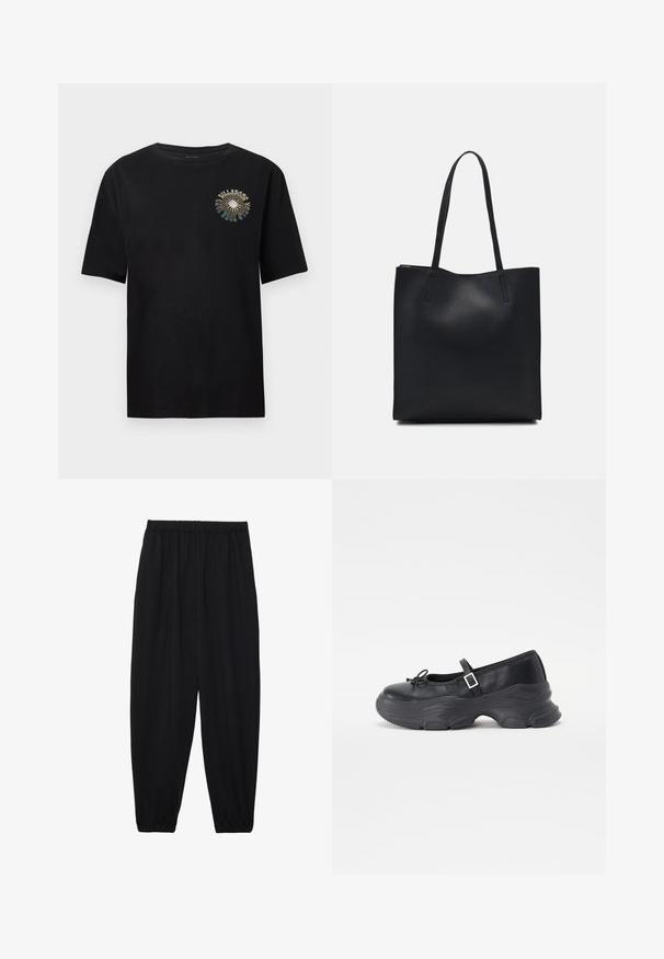 T-shirt preta de mangas curtas, feita de algodão macio. Apresenta uma impressão gráfica colorida no peito com o texto "BULLDOGS". Gola clássica em crew neck.; Calças pretas, leves, com um cinto elástico e punhos franzidos. O tecido é suave e apresenta um design relaxado e afunilado.; Sapatilha Mary Jane em couro preto com bico arredondado, detalhe de laço e tiras ajustáveis ao tornozelo. Apresenta uma sola de borracha robusta com acentos curvados.; Bolsa tote preta em couro com textura lisa, forma retangular e duas alças longas. Sem hardware ou enfeites visíveis.