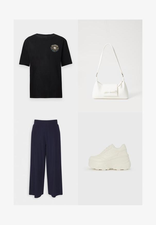 Sort kortærmet T-shirt lavet af blødt bomuld. Har et farverigt grafisk print på brystet med teksten "BULLDOGS". Klassisk rund halsudskæring.; Bredde bukser i mørkeblå stof med en ribbet tekstur. Har en glat talje og en let silhuet, der når til midten af læggen.; Hvide platform sneakers med en glat læderlignende overdel, rund form, polstret krave og struktureret gummisål med definerede riller.; Hvid syntetisk håndtaske med en trekantet form, flad forsideklap og sløjfedetalje, justerbar strop, glat tekstur og minimalistisk design.