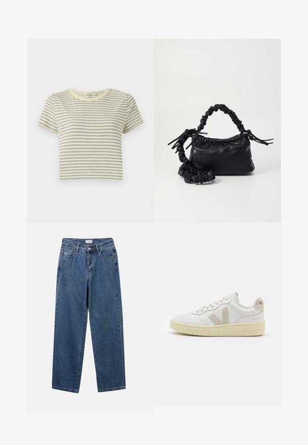 Rumena majica s črtami s plavimi vodoravnimi črtami, okrogli izrez, kratki rokavi in skrajšan kroj. Mehka bombažna tkanina, preprost dizajn.; Klasične modre jeans hlače s ravnim krojem, petimi žepi in gumbom za zapiranje. Imajo srednje pranje in trdno teksturo.; Bela usnjena tenisača z bež semiš poudarki, perforiranim prednjim delom, ravnimi vezalkami in strukturiranim kremnim podplatom. Ima diskretno blagovno znamko na peti.; Črna torbica iz umetnega usnja s krokodilovo teksturo, z zvitim vrhom in zmečkano naramico. Zdi se mehka in kompaktna v oblikovanju.