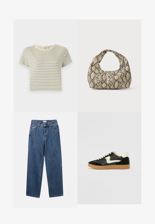 Tricou galben cu dungi, cu linii orizontale albastre, guler rotund, mâneci scurte și o croială scurtă. Material din bumbac moale, design simplu.; Jeans clasice din denim albastru, cu un design drept, cinci buzunare și închidere cu nasture. Prezentând o spălare medie și o textură rezistentă.; Tenisi din suede și piele negri cu un swoosh lateral de culoare crem și călcâi de un crem deschis. Prezintă șireturi bej și o talpă din rubber de tip gum.; Geantă cu imprimeu de șarpe, având un mâner curbat. Fabricată din materiale texturate, bej și maronii, cu un model distinctiv în formă de diamant.