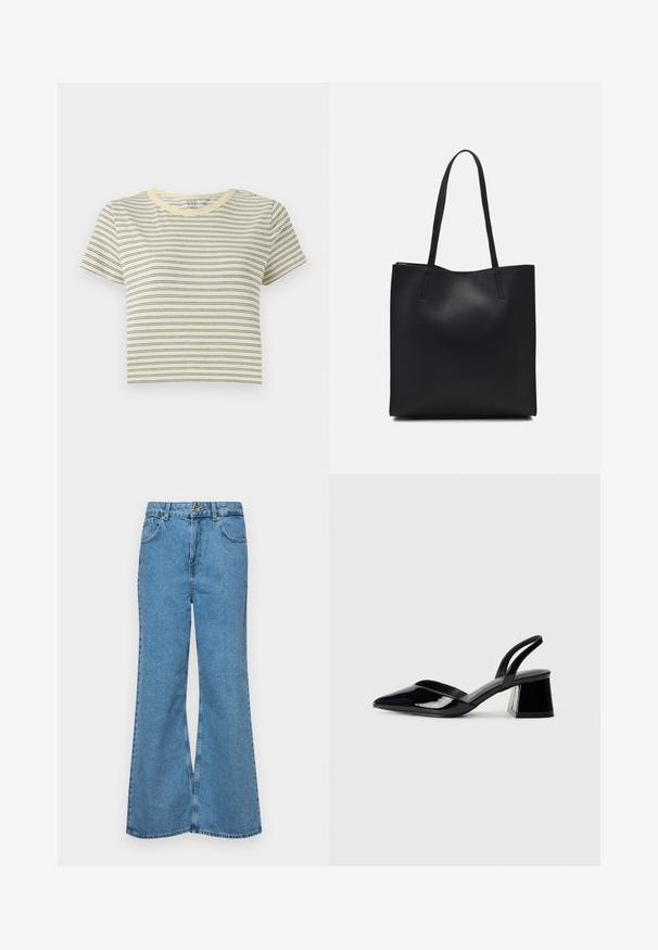 Žuta majica prugasta s plavim horizontalnim prugama, okrugli izrez, kratki rukavi i skraćeni kroj. Mekani pamučni materijal, jednostavan dizajn.; Svijetloplave traperice s flared nogavicama, visokog struka, s pet džepova i jednim dugmetom za zatvaranje. Mekani materijal s izblijedjelim izgledom.; Crne lakirane kožne sandale s otvorenom petom i špicastim vrhom, s geometrijskom blok petom. Imaju elegantan, minimalistički dizajn i glatku teksturu.; Crna kožna torba za nošenje s glatkom teksturom, pravokutnim oblikom i dvije duge ručke. Nema vidljivih metalnih dijelova ili ukrasa.