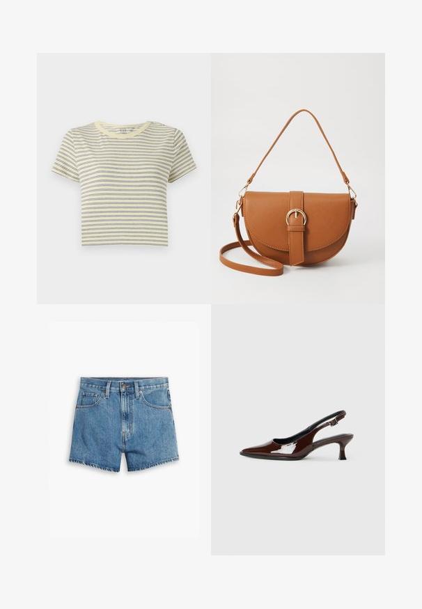 Sárga csíkos póló kék vízszintes vonalakkal, kerek nyakkivágású, rövid ujjú és rövidített fazonú. Puha pamut anyag, egyszerű design.; Világoskék farmer rövidnadrág, öt zsebbel, cipzáros megoldással és gombos záródással. A szegélyt megkoptatták, és laza szabású dizájn jellemzi.; Barna lakkbőr slingback cipő hegyes orral és mérsékelt sarkal. Biztonságos illeszkedést biztosító csattal rendelkezik. Sima textúra.; Barna bőr keresztbody táska ívelt formával, aranyszínű fémrészekkel és csat díszítéssel. Levehető vállpánttal rendelkezik.