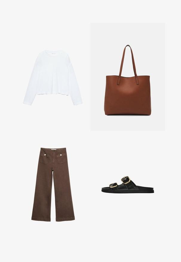 Dolgim rokavom bel cropped majica, izdelana iz mehkega materiala, ima okroglo ovratnico in sproščen kroj z ovratniki na rokavih. Preprost in čist dizajn.; Svetlo rjave široke hlače iz bombaža, ki vključujejo dva sprednja žepa s srebrnimi gumbi in gladko teksturo.; Črne drsne sandale z dvema zlatima zaponkama, gladkega materiala, ravnim podplatom in minimalističnim dizajnom.; Rjava usnjena torba z gladko teksturo, odprto zasnovo zgoraj in dvema naramnima trakovoma. Opremljena je z minimalnim šivanjem in brez vidnih kovinskih delov.
