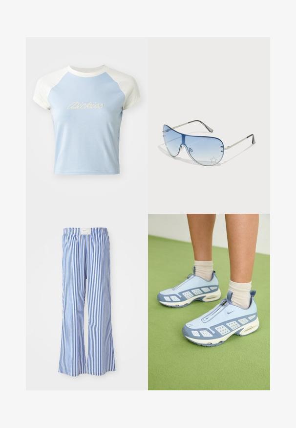 Gaiši zils īsais t-krekls ar īsām baltām raglanu piedurknēm. Priekšpusē ir izšūts teksts "Dickies" dekoratīvā stilā.; Zili un balti svītrainie bikses ar brīvu piegriezumu, izgatavoti no viegla auduma, ar elastīgu jostasvietu un diskrētu logotipa uzlīmi.; Gaiši zili sporta apavi ar baltajiem akcentiem, teksturētām paneļiem un ar rāvējslēdzēja aizdari. Raksturīga redzama gaisa amortizācijas zole un gumijas zole.; Pilotstila saulesbrilles ar gradienta zilām lēcām, sudraba metāla rāmjiem un dekoratīvām zvaigžņu akcentiem uz lēcām. Gluda un eleganta dizaina.