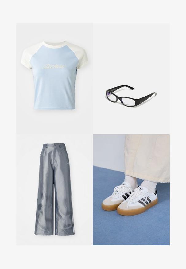 Tricou scurt, de culoare bleu deschis, cu mâneci scurte de tip raglan albe. Prezintă textul brodat "Dickies" într-un stil decorativ pe față.; Pantaloni cu picioare largi din material lucios gri, având dungi laterale albe și un model cu flăcări pe picioarele inferioare. Închidere cu nasture și fermoar la talie.; Adidași albi cu dungi negre și accente din suede bej. Au talpă din cauciuc texturat și șireturi albe plate, purtați cu șosete de culori deschise.; Ochelari dreptunghiulari negri cu lentile clare. Finisaj lucios, brațe înguste și nuanță purpurie vizibilă la marginea lentilelor.