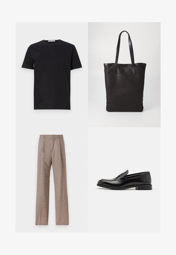 Fekete pamut póló, kerek nyakkal, rövid ujjakkal és sima textúrával. Jellemzője egy látható márkacímke a nyakrésznél.; Barna, magas derekú nadrág texturált anyagból. Széles szárai és két elülső redője biztosítja a struktúrát. Ízléses kivitel, látható fémszerelés nélkül.; Fekete bőr loaferek sima textúrával, kerek orral és dekoratív pánttal a vampnál. Alacsony, rétegelt sarkú, minimalista dizájn.; Fekete vászontáska fekete bőr füllel. Egyszerű dizájn, tágas test és sima textúra. Nincsenek látható logók vagy minták.
