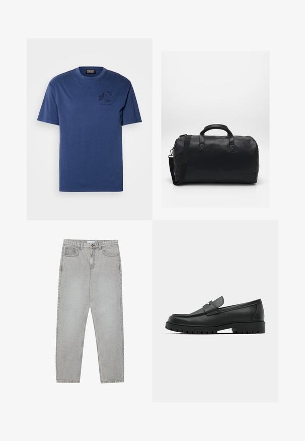 Navyblaue Baumwoll-T-Shirt mit lockerer Passform, mit einem grafischen Druck auf der linken Brustseite und kurzen Ärmeln. Einfacher Rundhalsausschnitt.; Helle graue Jeanshose mit gerade geschnittenem Design, Fünf-Taschen-Stil und Knopfverschluss. Sichtbare Nähte entlang der Seitennähte.; Schwarze Lederloafer mit runder Zehenform, ausgestattet mit einem gesteppten Design, niedrigem Plattformsohle und einer strukturierten, genoppten Gummisohle.; Schwarze Duffel-Tasche aus strukturiertem Kunstmaterial. Verfügt über zwei Griffe und einen verstellbaren Schultergurt. Einfaches Design ohne sichtbare Muster.