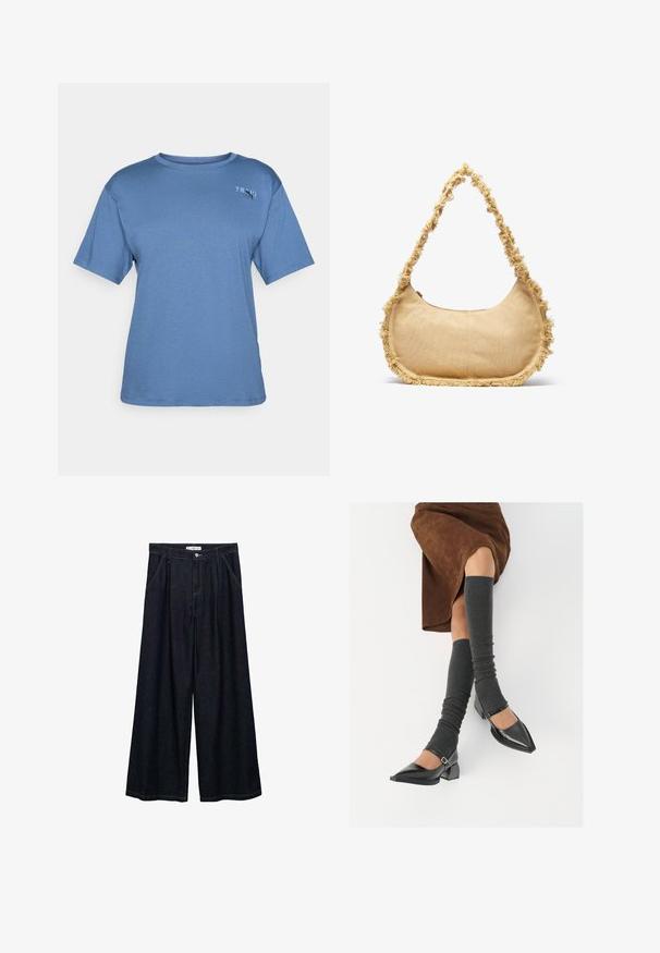 Tricou din bumbac, cu mânecă scurtă, de culoare albastră, cu decolteu rotund și un mic logo alb "TRAIN" pe partea superioară stângă a pieptului.; Pantaloni largi din denim închis, cu talie înaltă, având un închidere cu nasture frontal, două buzunare laterale și detalii de cusătură.; Pantofi negri din piele lacuită, cu vârful ascuțit, toc bloc și curea la glezna, asortați cu jambiere gri cu nervuri și o fustă din suede maro.; Geantă bej texturată cu o formă rotunjită, margini franjurate și o curea scurtă pentru purtare. Deschidere cu fermoar în partea de sus.