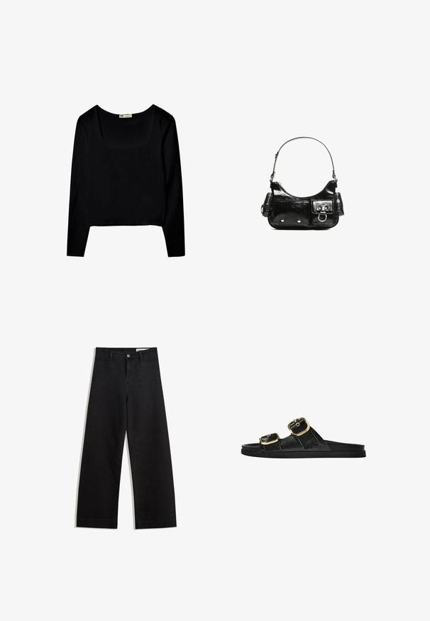 Schwarzes Langarmoberteil mit quadratischem Ausschnitt, aus glattem Stoff, mit cropped Saum und ohne zusätzliche Muster oder Verzierungen.; Schwarze weit geschnittene Jeans mit hoher Taille, ausgestattet mit Vorder- und Hintertaschen, gesteppten Nähten und einem Knopfverschluss. Glatte Textur.; Schwarze Riemensandale mit zwei goldenen Schnallendetails, glattem Material, flachem Sohlen und minimalistischer Gestaltung.; Schwarze Lackleder-Handtasche mit geschwungenem Design, einem Schulterriemen, Vordertaschen und silberfarbenen Hardware-Akzenten.