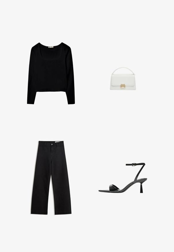 Schwarzes Langarmoberteil mit quadratischem Ausschnitt, aus glattem Stoff, mit cropped Saum und ohne zusätzliche Muster oder Verzierungen.; Schwarze weit geschnittene Jeans mit hoher Taille, ausgestattet mit Vorder- und Hintertaschen, gesteppten Nähten und einem Knopfverschluss. Glatte Textur.; Bershka High Heel Sandalette - black; Weiße Lederhandtasche mit strukturiertem Design, ausgestattet mit einem oberen Griff und einem goldfarbenen Verschluss. Glatte Textur und minimalistische Akzente.