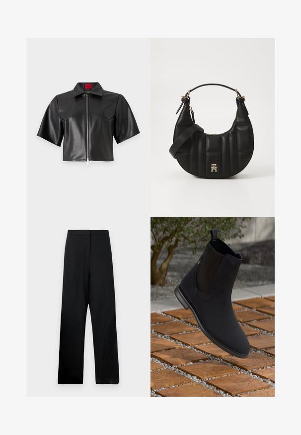 Černá krátká bunda z imitace kůže s krátkými rukávy, límcem a předním zipem. Obsahuje logo na štítku v červené barvě. Hladký povrch.; Černé široké kalhoty vyrobené z lehké látky. Mají hladkou texturu, vysoký pas a minimální švy.; Černé kotníkové boty s elastickými postranními panely levitující nad dřevěnými čtvercovými dlaždicemi s oblázky v venkovním prostředí.; Černá kožená kabelka s zakřiveným tvarem, prošívanou texturou a zlatými detaily. Obsahuje odnímatelný ramenní popruh a detail s logem.