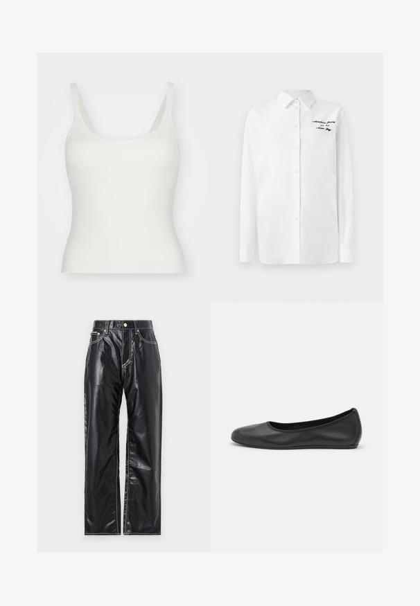 Valge õhuke rihmadega tank top, valmistatud siledast ja venivast materjalist. Omab ümarat kaelust ja keha järgivat siluetti. Ilma mustrite või aksessuaarideta.; Valge pika varrukaga särk nööbiga, millel on krae ja must tikandiga tekst "Moschino Jeans" vasakul ülal rinnas.; Mustad kunstnahk püksid laia sääre lõikega, valgete õmblustega, esi-taskutega ning kuldse nupuga vöökoha juures.; Musthave mustika tantsutossud mustast nahast, ümmarguse varbaga, siledast tekstuurist, minimaalse õmblusdetailiga ja paindliku tallakujundusega.