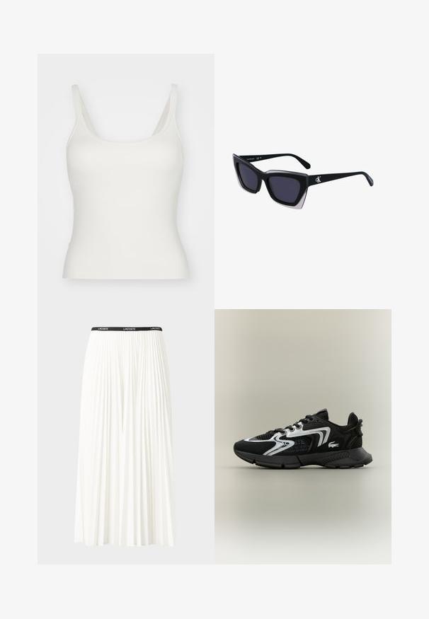 Valkoinen toppi ohuilla olkaimilla, valmistettu sileästä, joustavasta materiaalista. Sisältää syvän kaula-aukon ja istuvan siluetin. Ei kuvioita tai yksityiskohtia.; Hame valkoinen pliseerattu hame mustalla joustavalla vyötäröhihnalla, jossa on "LACOSTE"-logo. Puolipitkä malli pehmeällä tekstuurilla.; Mustat urheilukengät, joissa on verkkopaneeleita, hopeisia yksityiskohtia ja tekstuurisia mustia päällysteitä. Varustettu nauhoilla ja kaarevalla, tukevalla ulkopohjalla.; Mustat ylisuuret aurinkolasit, joissa on geometrinen muoto, tummat linssit ja kehykseen erottuva harmaa yksityiskohta. Logo varressa.; Hopeva ripustettavat korvakorut, joissa on hopeinen metallinen, tekstuurihoitoinen muotoilu. Niissä on pieni postikiinnitys ja brändäys yhdellä hoopilla. Pyöristetty muoto ja kiiltävä pinta.
