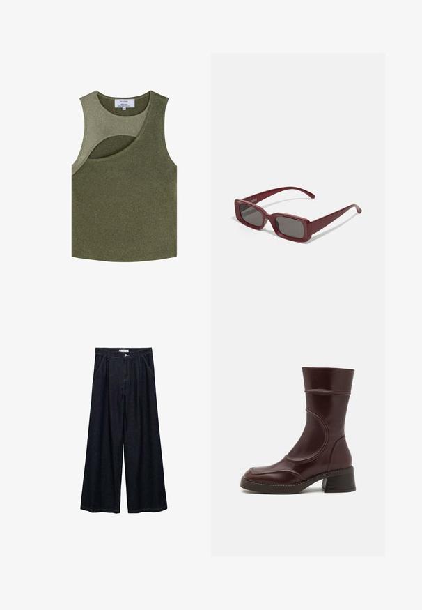 Scalpers Top - khaki; Donkerdenim wijde-broek met een hoge taille, voorzien van een sluiting met knoop aan de voorkant, twee zijzakken en stikdetails.; MIISTA MALENE - Lage laarzen - brown; Bordeaux rechthoekige zonnebril met donkere glazen, dikke monturen en taps toelopende tempels. Gemaakt van glanzend kunststof met een gladde textuur.; Zign Armband - silver-coloured