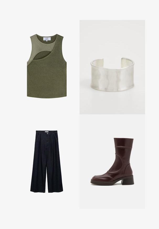 Scalpers Top - khaki; Donkerdenim wijde-broek met een hoge taille, voorzien van een sluiting met knoop aan de voorkant, twee zijzakken en stikdetails.; MIISTA MALENE - Lage laarzen - brown; Zign Armband - silver-coloured