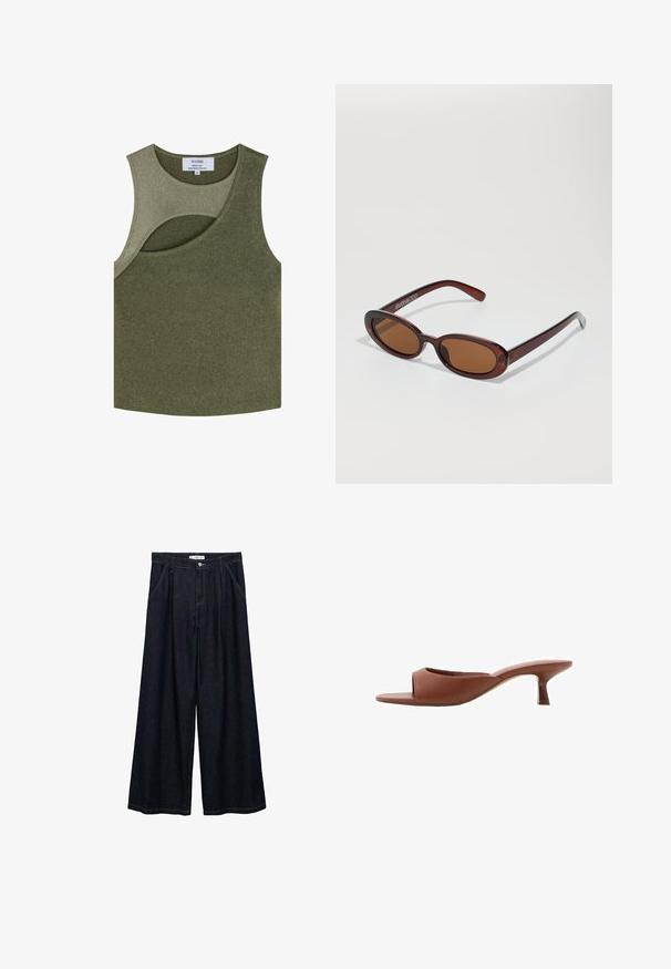 Scalpers Top - khaki; Dark denim wide-leg trousers with a high waist, featuring a front button closure, two side pockets, and stitching details.; Brown open-toe heeled mules with a smooth, matte finish, featuring a curved design and a transparent, tapered heel.; Round, brown-tinted sunglasses with a glossy burgundy frame. Slim arms with subtle branding detail. Flat lens design.; Brown leather handbag with dual straps, a rounded shape, gold hardware, and a central buckle detail. Smooth texture with stitched accents.