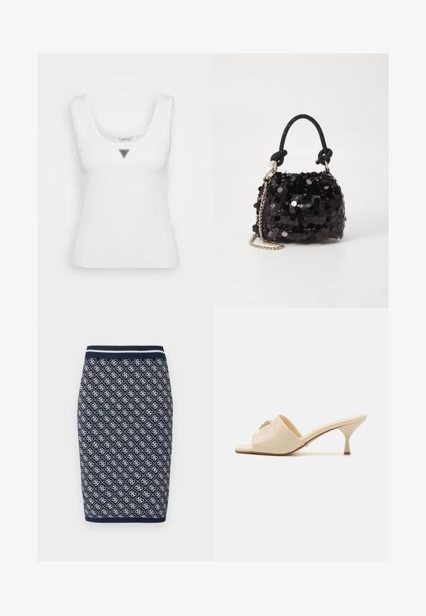 Biela rebrovaná tielko s hlbokým výstrihom. Má malú trojuholníkovú striebornú logo ozdobu v strede prednej časti.; Pletená ceruzková sukňa v námorníckej modrej a bielej farbe s diamantom geometrickým vzorom. Obsahuje pruhovaný elastický pás a hladký povrch.; Béžové patentné kožené sandále s otvorenou špičkou a nízkym stiletto podpätkom. Obsahujú centrálny dekoračný prvok na vrchu. Hladký, lesklý povrch.; Čierna mini kabelka so štrasom, s uzlovým textúrovaným popruhom a strieborným reťazom. Guľatý tvar s riaseným vrchom a reflexnými detailmi.