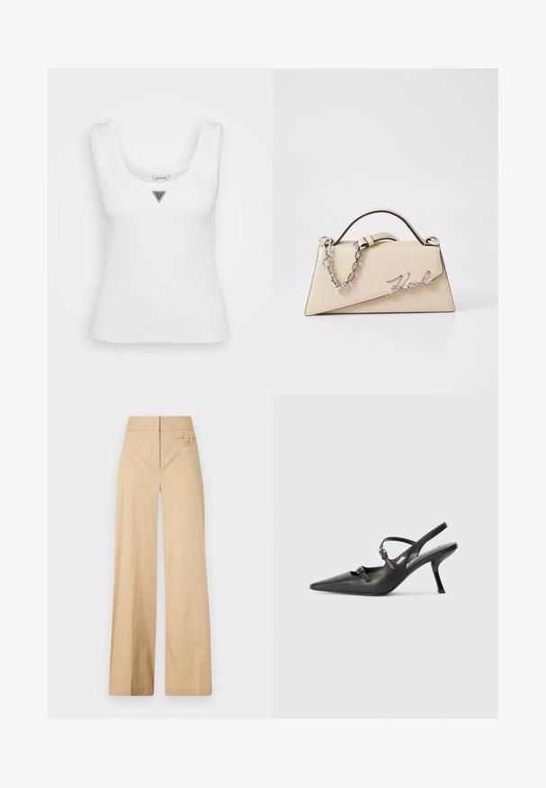 Biała, prążkowana koszulka na ramiączkach z dekoltem w serek. Posiada mały, trójkątny, srebrny logo wykończenie na środku przodu.; Beżowe spodnie typu wide-leg wykonane z mieszanki bawełny. Charakteryzują się gładką teksturą, elastycznym pasem i detalem z guzikiem z boku.; Czarne skórzane sandały na obcasie typu slingback z wydłużonym noskiem, smukłym obcasem i ozdobnym zapięciem na cholewce. Gładka tekstura i elegancka forma.; Beżowa skórzana torebka o zorganizowanym, trójkątnym kształcie, z dwoma srebrnymi łańcuszkami w formie uchwytów i metalowym logo w stylu kursywy.