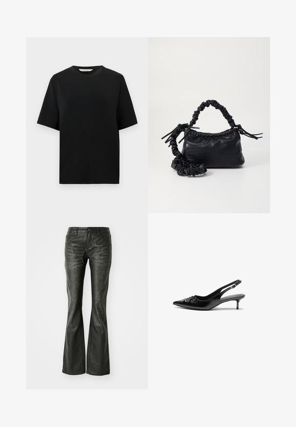 T-shirt preto de manga curta com decote redondo e ajuste relaxado, apresentado sobre um fundo branco liso.; Jeans flared em imitação de pele preta com bolsos frontais, fecho de botão de metal e uma superfície ligeiramente texturizada. Perna reta com um corte longo.; Sapatos de salto alto slingback em couro preto com bico fino, pequeno salto kitten e um detalhe decorativo em forma de nó na parte da frente. Textura suave em toda a parte.; Bolsa de mão em couro sintético preto com textura de crocodilo, topo franzido e alça enrugada. Apresenta um design suave e compacto.