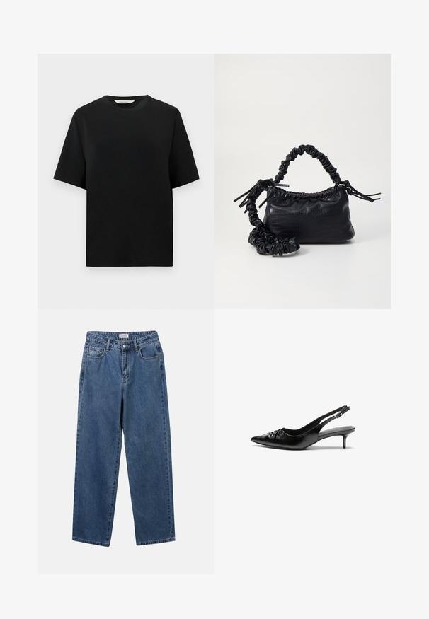 Black short-sleeve crew neck T-shirt with a relaxed fit, displayed against a plain white background.; Classic blue denim jeans with a straight-leg design, five pockets, and a button closure. Features a medium wash and sturdy texture.; Black leather slingback heels with a pointed toe, small kitten heel, and a decorative knot detail on the front. Smooth texture throughout.; Black faux leather handbag with a crocodile texture, cinched top, and a scrunched strap. Appears soft and compact in design.