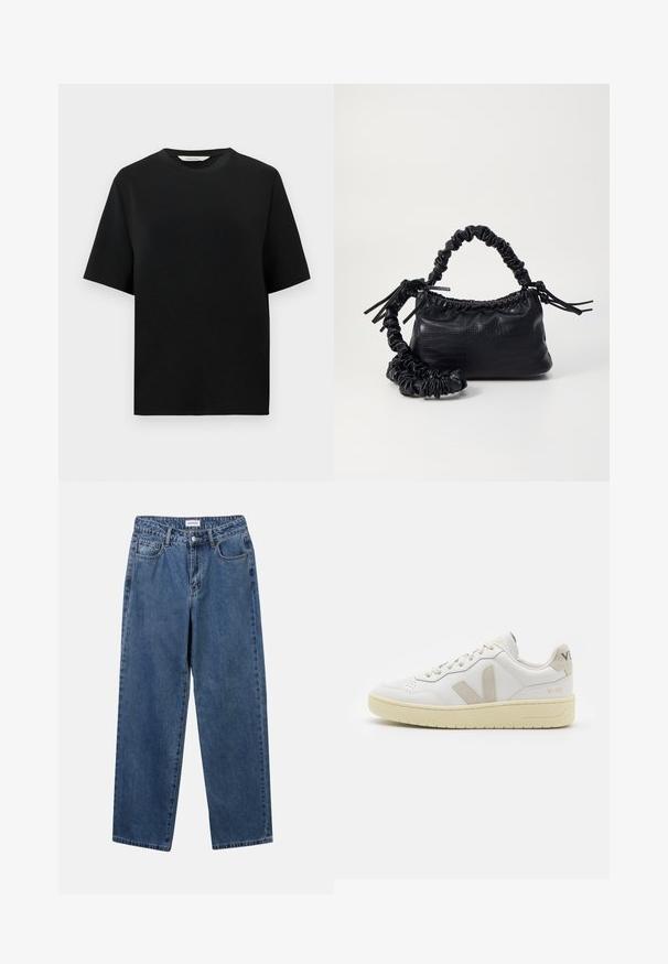 Črna kratkotrajna majica s krožnim ovratnikom in sproščenim krojem, prikazana na enobarvni beli podlagi.; Klasične modre jeans hlače s ravnim krojem, petimi žepi in gumbom za zapiranje. Imajo srednje pranje in trdno teksturo.; Bela usnjena tenisača z bež semiš poudarki, perforiranim prednjim delom, ravnimi vezalkami in strukturiranim kremnim podplatom. Ima diskretno blagovno znamko na peti.; Črna torbica iz umetnega usnja s krokodilovo teksturo, z zvitim vrhom in zmečkano naramico. Zdi se mehka in kompaktna v oblikovanju.