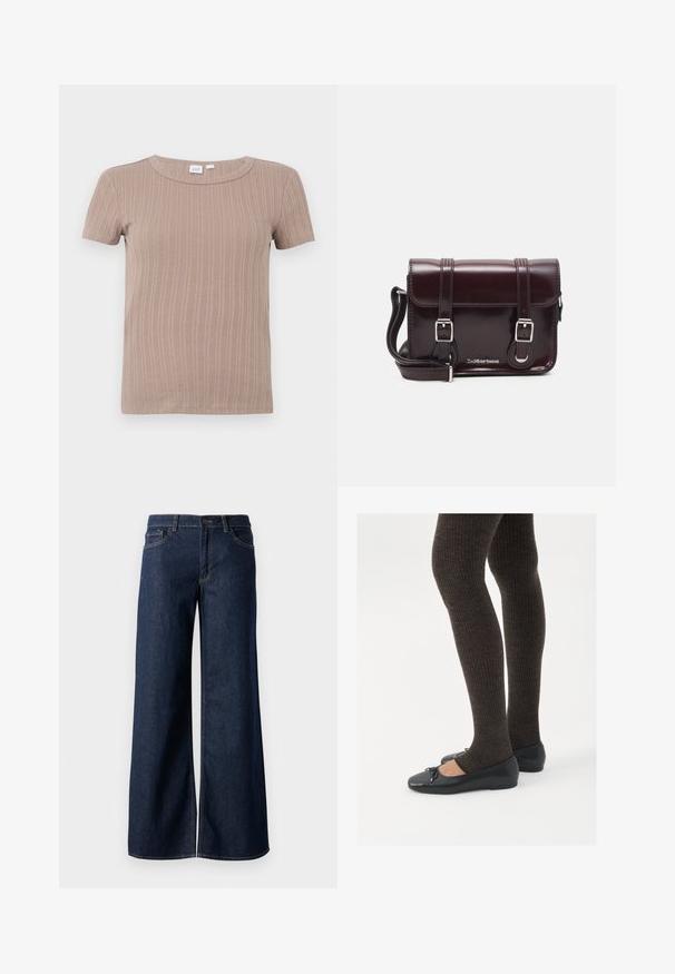 Bež majica s kratkimi rokavi iz rebrastega pletenja s krožnim izrezom, prikazana na enobarvnem belem ozadju.; Široke hlače iz temnega modrega denima. Imajo kontrastno šivanje, pet žepov in gumbasto zapiranje v pasu. Gladka tekstura.; Črne ravne čevlje z majhnim lokom na prstih, v kombinaciji s temno rjavimi rebrastimi nogavicami. Čevlji imajo gladko teksturo in nizko obliko.; Burgundska patentna usnjena torbica čez ramo z pravokotno obliko, dvema trakovoma, srebrno kovinsko opremo in zapiranjem na preklop.