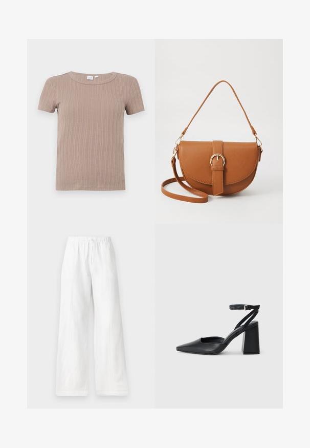 Beige kurzärmliges Rippstrick-T-Shirt mit Rundhalsausschnitt, vor einem schlichten weißen Hintergrund präsentiert.; Weiße Leinen-Hose mit weitem Bein, elastischem Bund und Kordelzug, mit Seitennähten und glatter Textur. Keine Taschen.; Schwarze Leder-Pumps mit spitzer Zehe, einem Knöchelriemen und einem blockigen Absatz. Flache Textur, elegantes Design und minimalistische Ästhetik.; Braune Leder-Crossbody-Tasche mit geschwungener Form, goldfarbenen Beschlägen und einer Schnallenakzentuierung. Verfügt über einen abnehmbaren Schultergurt.