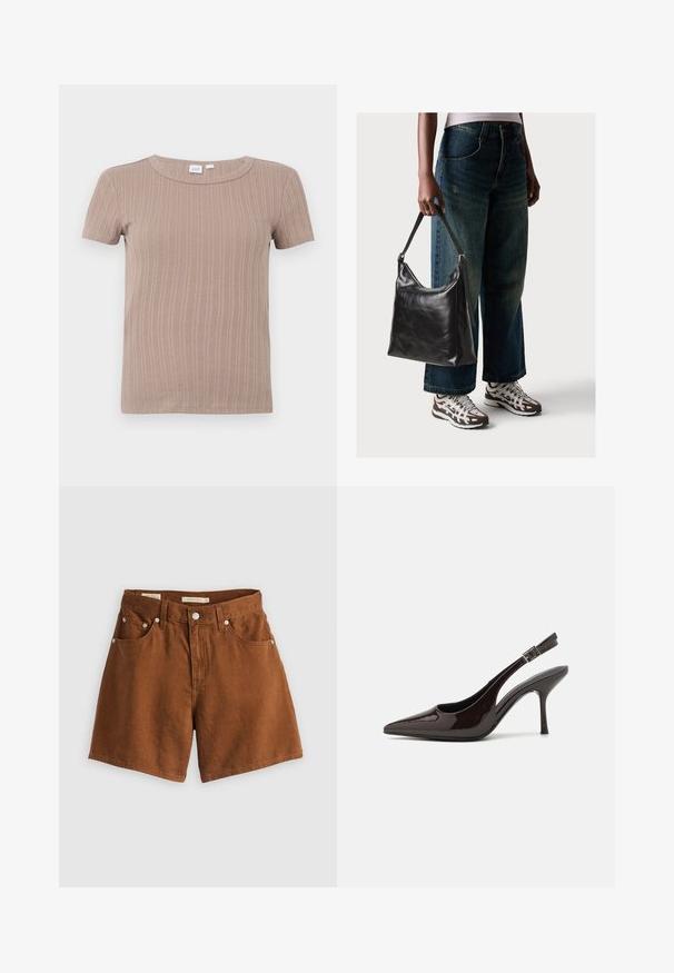T-shirt beige a maniche corte in maglia a costine con scollo rotondo, esposto su uno sfondo bianco semplice.; Shorts in denim marrone con cinque tasche, chiusura frontale con bottone e rivetti in rame. Caratterizzati da un taglio dritto e una consistenza morbida.; Scarpa con tacco alto tipo slingback in pelle verniciata marrone scuro lucido, punta affusolata, lati aperti e cinturino alla caviglia regolabile.; Borsa a tracolla nera in pelle con una texture liscia e tracolla regolabile, abbinata a jeans ampi sbiaditi e sneakers sportive.