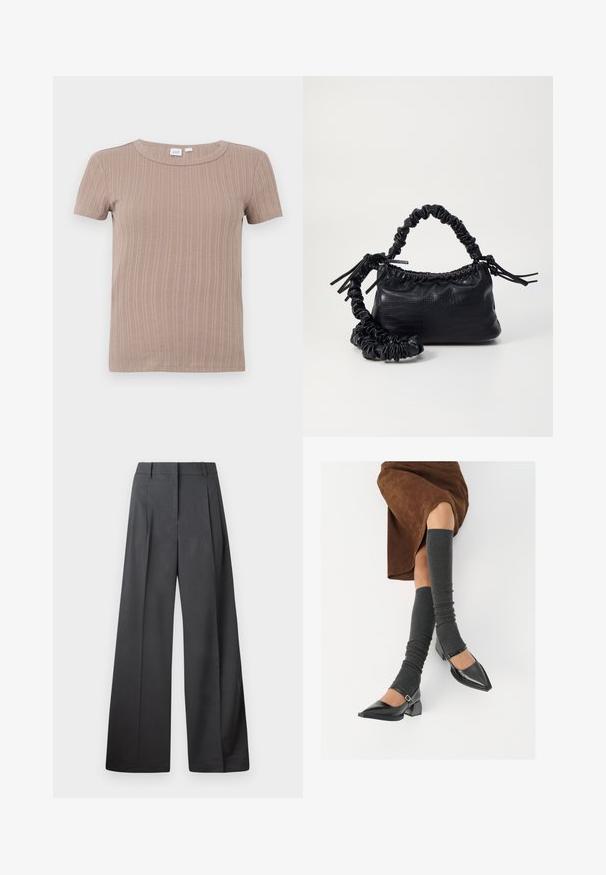 Hnedá tričko s krátkym rukávom z ribovaného úpletu s okrúhlym výstrihom, zobrazené na čistom bielom pozadí.; Nohavice s širokými nohavicami z tmavošedej látky, s vysokým pásom, jedinými záhybmi a hladkou textúrou s čistým zakončením na lemoch.; Čierne lakované kožené topánky s špicatou špičkou, blokovým podpätkom a členkovým remienkom, ktoré sú kombinované so šedými rebrovanými legínami a hnedou zamšovou sukňou.; Čierna umelá kožená kabelka s kroko vzorom, sťahovaným vrchom a zhnutým popruhom. Vyzerá mäkko a kompaktné v dizajne.
