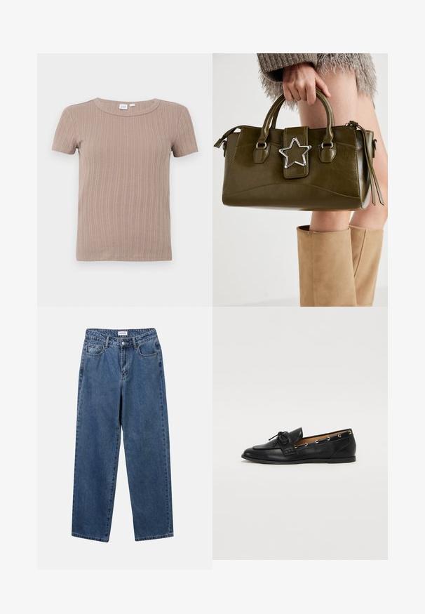 Short-sleeve beige ribbed knit t-shirt with crew neckline, displayed against a plain white background.; Classic blue denim jeans with a straight-leg design, five pockets, and a button closure. Features a medium wash and sturdy texture.; Black leather loafers with a tied bow, featuring gold eyelet accents along the sides and a flat rubber sole. Smooth texture, classic design.; Olive green faux leather handbag with silver star accent, dual handles, and a zip closure. Textured surface and structured shape.