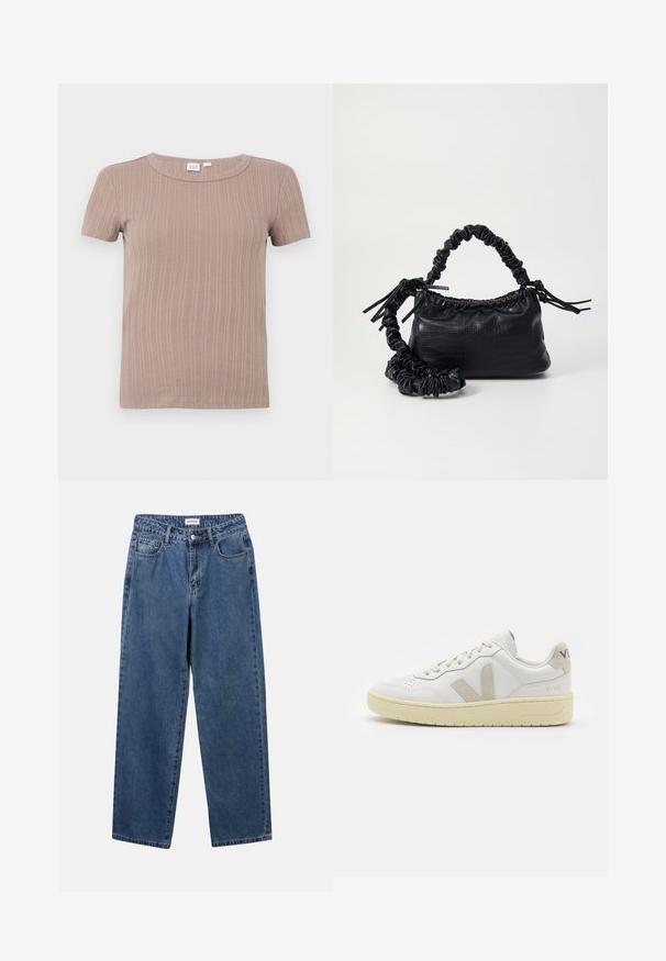 T-shirt beige a maniche corte in maglia a costine con scollo rotondo, esposto su uno sfondo bianco semplice.; Jeans in denim blu classico con design a gamba dritta, cinque tasche e chiusura con bottone. Presentano un lavaggio medio e una trama robusta.; Sneaker in pelle bianca con dettagli in suede beige, punta perforata, lacci piatti e suola testurizzata color crema. Presenta un logo discreto sul tallone.; Borsa a tracolla in ecopelle nera con texture a coccodrillo, apertura cinchata e tracolla arricciata. Si presenta con un design morbido e compatto.