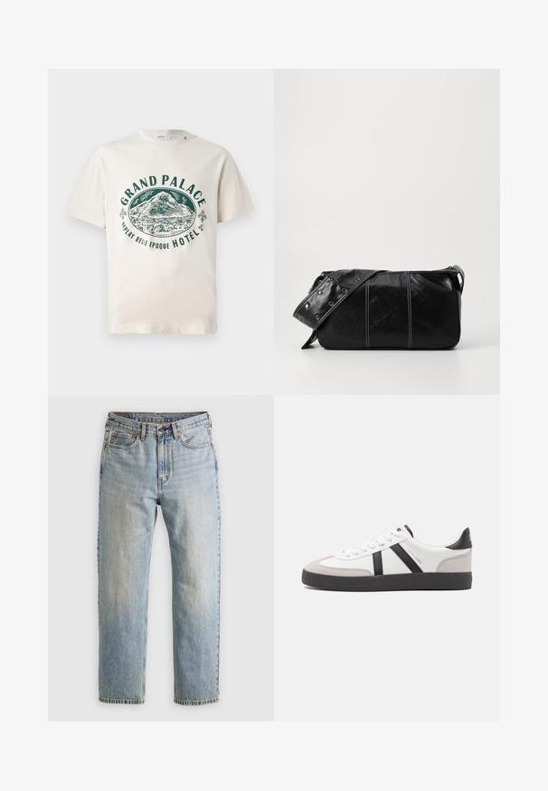 Krémové bavlněné tričko s zeleným grafikou zobrazenou hory a textem "GRAND PALACE REPLAY BELLE EPOQUE HOTEL." Krátké rukávy.; Svetle modré džíny z denimu s vysokým pasem, předním knoflíkem, zipem a designem s pěti kapsami, ležící rovně na neutrálním pozadí.; Bílé tenisky s černými a šedými akcenty, opatřené texturovaným šedým prstovým krytem, černou gumovou podrážkou a plochými bílými tkaničkami. Čistý design, minimalistický styl.; Černá kožená kabelka přes rameno se zapínáním na zip, s texturovaným tělem, bílým prošíváním a popruhem se stříbrnými očky.