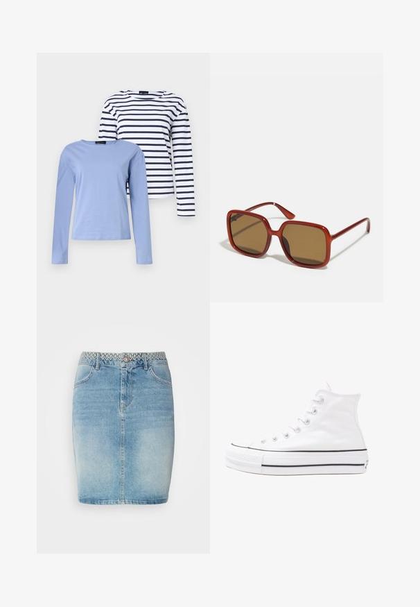 Duos ilgomis rankovėmis: vienas vienas šviesiai mėlynas, o kitas jūrų mėlynos ir baltos horizontaliomis juostelėmis. Abu marškiniai turi apvalius iškirpimus.; Šviesiai mėlynas džinsinis sijonas su prigludusia forma, kuris turi dekoratyvų modeliuotą juosmenį, priekinėmis kišenėmis ir šiek tiek išblukimu, suteikiančiu papildomą tekstūrą.; Balti aukštakulniai drobės sportbačiai su juodu guminio pado, priekinio guminio piršto dangteliu ir šešiais akytėmis raištams, pasižymintys švariu, minimalistiniu dizainu.; Raudonos kvadratinės saulės akinių su rudi tonuoti lęšiai. Stori, blizgantys rėmeliai ir plonos kojos su nedideliais detalizavimais šonuose, kad būtų vizualiai patrauklu.; Sidabriniai auskarai su sklandžiu, poliruotu paviršiumi. Apvalios formos ir saugus uždarymo mechanizmas. Lengvas dizainas, tinkantis kasdieniam dėvėjimui.