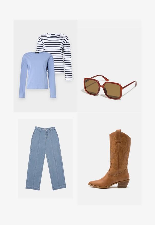 Kaks pikka varrukatega särki: üks helesinine, teine tumesinine ja valgete horisontaalsete triipudega. Mõlemal särgil on ümar kaelus.; Heledad sinine laiad püksid, mis on valmistatud denimist. Omavad kõrget talje, nupuvärvi ja nähtavat õmblust. Esiküljel ei ole nähtavaid taskuid.; Kohvitooni nahast cowboy-kork, millel on terav varvas, tikitud keerised varrel ja virnastatud ploki konts. Omab tõmbeava, et seda oleks lihtne jalga panna.; Punane ruudukujulised prillid pruunide toonitud läätsedega. Paksud, läikivad raamid ja õhukesed käed, millel on külgedel väike detail visuaalse huvi pakkumiseks.; Hõbedased rõngastikkaehingad minimalistlikus disainis. Ümar kuju, sile tekstuur ja õhuke profiil. Kerged ning poleeritud viimistlusega.