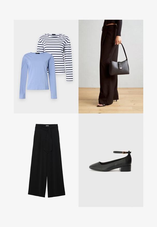 To lange ermede topper: en solid lys blå, den andre i marineblå og hvite horisontale striper. Begge skjortene har rund hals.; Svart vide bukser med teksturert stoff, elastisk midje og avtagbart belte som gir justerbar passform.; Sorte skinnpumper med spiss tå og lav blokkhelt. Har ankelrem med gullfarget spenne. Glatt tekstur.; Svart håndveske med strukturert form, jevn tekstur og metallisk lås. Kombinert med brede svarte bukser og sandaler med åpen tå på tregulv.