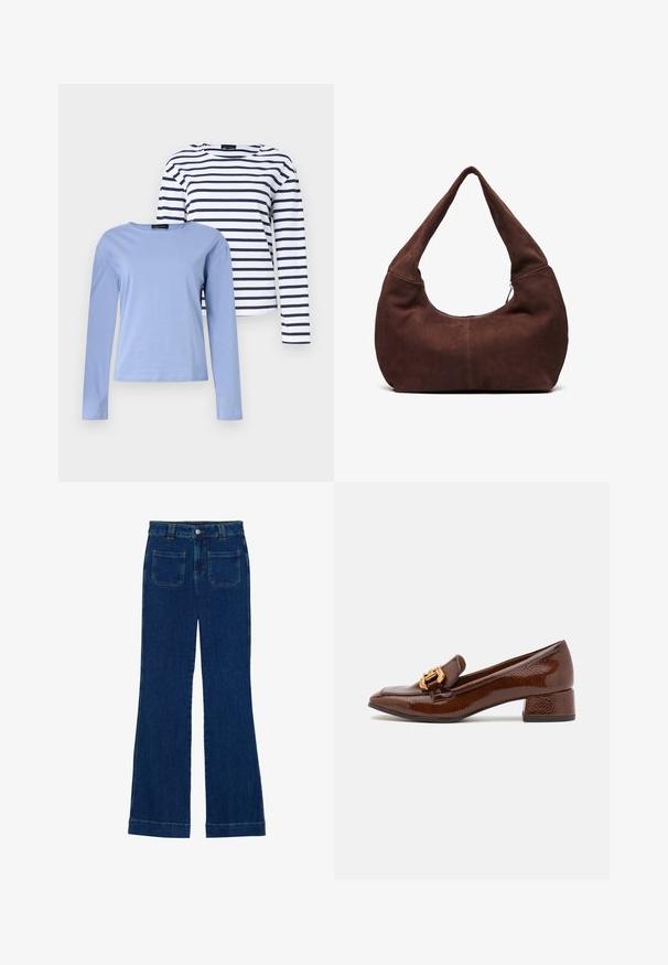 Zwei Langarmoberteile: eines in einfarbigem Hellblau, das andere in marineblau und weißen horizontalen Streifen. Beide Shirts haben einen Rundhalsausschnitt.; Dunkelblaue Denim-Jeans im Schlagstil mit glatter Textur, Fünf-Taschen-Design und einem Knopfverschluss an der Taille.; Braune Lederloafers mit glänzender Oberfläche, ausgestattet mit einer dekorativen goldenen Schnalle an der Vorderseite und einem niedrigen Blockabsatz. Klassisches Design.; Braune Wildleder-Hobo-Tasche mit einem gebogenen, breiten Griff und einer großen Öffnung. Weiche Textur mit sichtbaren abgesteppten Details entlang der Kanten.