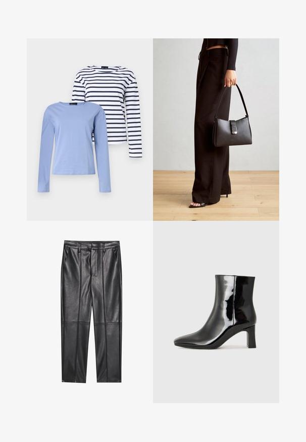 Δύο μπλουζάκια με μακριά μανίκια: το ένα σε ενιαία γαλάζια απόχρωση και το άλλο σε ναυτικό και άσπρες οριζόντιες ρίγες. Και τα δύο πουκάμισα διαθέτουν λαιμόκοψη τύπου crew.; Μαύρο δερμάτινο παντελόνι με λεία υφή, διαθέτει ίσια γραμμή, δύο μπροστινές τσέπες και εμφανείς λεπτομέρειες ραφής.; Μαύρη πατενταρισμένη δερμάτινη μπότες αστραγάλου με μυτερή μύτη και μεσαίο τετράγωνο τακούνι. Λείος υφή και μινιμαλιστικός σχεδιασμός.; Μαύρη τσάντα χειρός με δομημένο σχήμα, λεία υφή και μεταλλικό κούμπωμα. Συνδυασμένη με φαρδιά μαύρα παντελόνια και σανδάλια ανοιχτής μύτης πάνω σε ξύλινο πάτωμα.